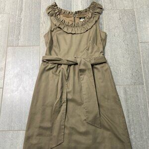 J.Crew Ruffle Neck Sleeveless Cotton Sateen Fit & Flare Dress Olive Green Size 6